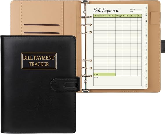 Bill Payment Tracker Notebook, Monthly Bill Organizer with Pockets and Tabs, Bill Tracker with A5 6 Ring Binder Used Easily for Senior Home Office
