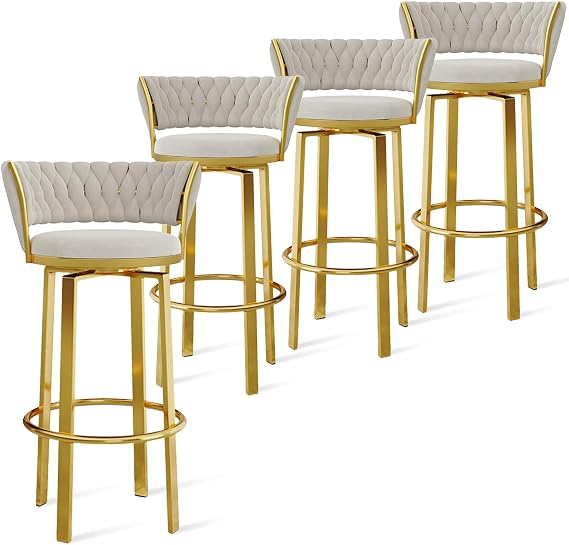 360 ° Swivel Height Bar Stools Set of 1/2/3/4, Open-back Velvet Barstools with Woven Back and Gold/Black Footrest, Dining Chairs for Kitchen Island Pub,White Gold Leg,4 PCS