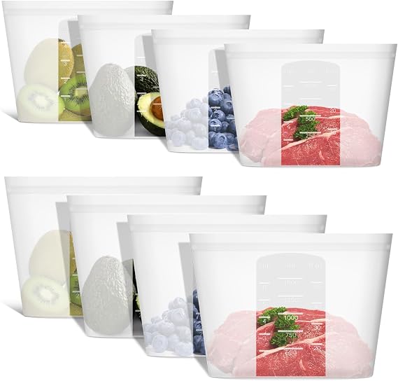 Bundle of 4 Pack 100% Silicone Reusable Food Storage Bags 33.8oz Translucent + 4 Pack 100% Silicone Reusable Food Storage Bags 50.7oz Translucent