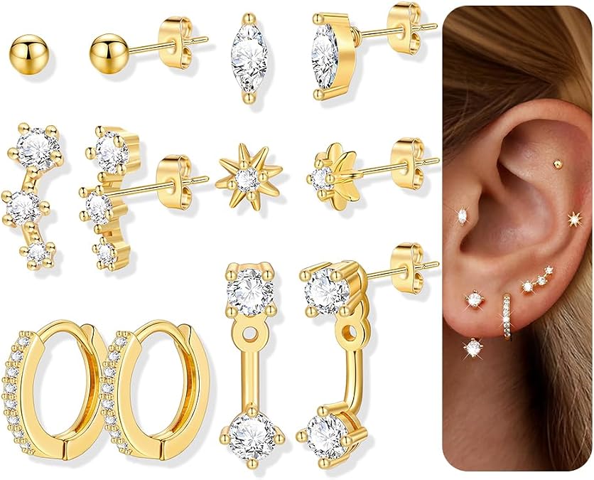 Gold Hoop Earrings Set for Women, 14K Gold Plated Gold Earrings Sets for Multiple Piercing, Chunky Trendy Gold Earrings for Women Jewelry