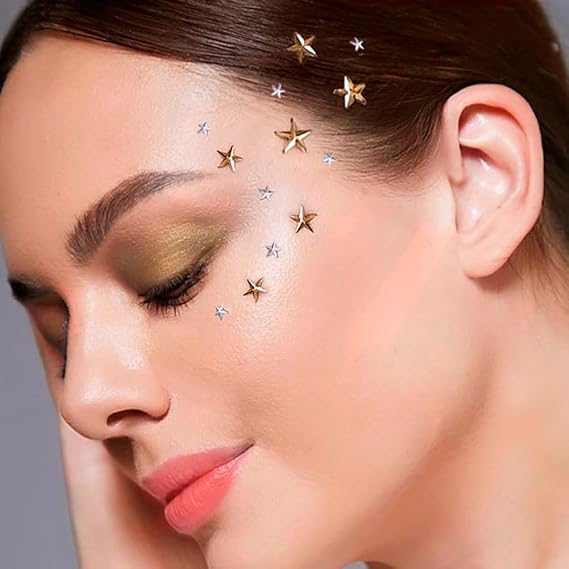 Star Face Stickers, Red White Blue Glitter Temporary Tattoos, Patriotic Star Body Stickers for Hair & Face, 4th of July Festival Accessories (Gold Stars)