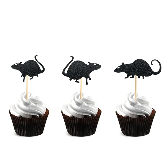 48Pcs Rat Cupcake Toppers Black Glitter Halloween Mouse Theme Cupcake Picks for Kids Birthday Party Supply Decorations