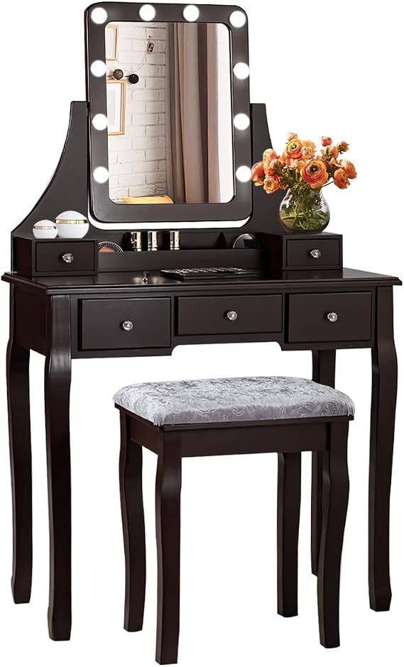 COSTWAY Vanity Desk Set with Lighted Mirror, 360 Swivel Vanity Mirror Desk w/ 10 LED Bulbs, Makeup Dressing Table with 5 Drawers, Vanity Table with Cushioned Stool for Bedroom, Women, Girls (Coffee)