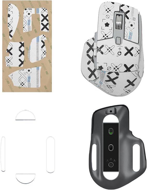 NOUKAJU Mouse Grip Tape for Logitech MX Master 3S, Rounded Curved Edges Mouse Feet Skates,Self-Adhesive PreCut Sweat-Resistant Professional Mice Upgrade Kit(Foot pad + White Mouse Grip Tape)