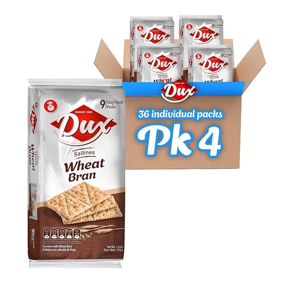 Dux, Wheat Bran Crackers, Rich in Fiber and Oats, Enjoy Anytime, 7.62 Ounce, 1 Box contains 4 Bags, each with 9 Individual Packs and every pack includes 3 Crackers, totaling 36 crackers per box.