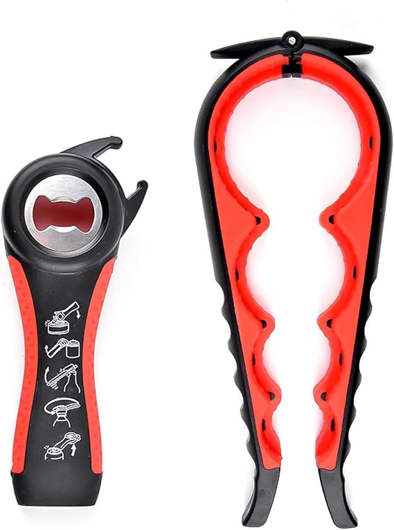 Jar Opener,Bottle Opener, Ring Pull Can Opener Set, 5 in 1 Multifunctional Bottle Opener, Stainless Steel Metal for Weak Hands, Elderly and Arthritis (Black + Red).