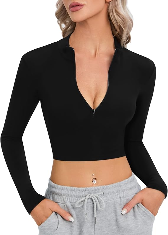 CLOZOZ Long Sleeve Crop Tops for Women Mock Turtleneck Zip Up Sexy Fitted Cropped Shirts Trendy
