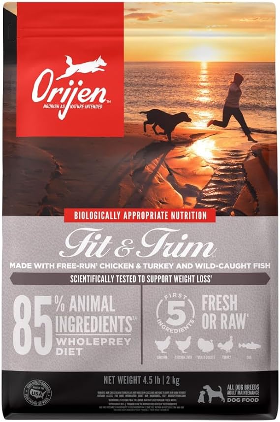 ORIJEN Grain Free WHOLEPREY Dry Dog Food Fit & Trim Recipe 4.5lb Bag | Weight Management, 85% Fresh or Raw Ingredients, Grain Free, High Protein, Made in USA, Nourishing Organs, No Corn Soy Wheat