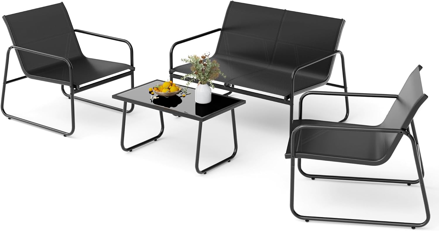 Mondeer Gartenmöbel Set 4-TLG Balkon Möbel Set mit Armlehnen Terrassenmöbel mit Tisch Sofa und 2 Stühlen Textilene für Garten Balkon Außen Schwarz