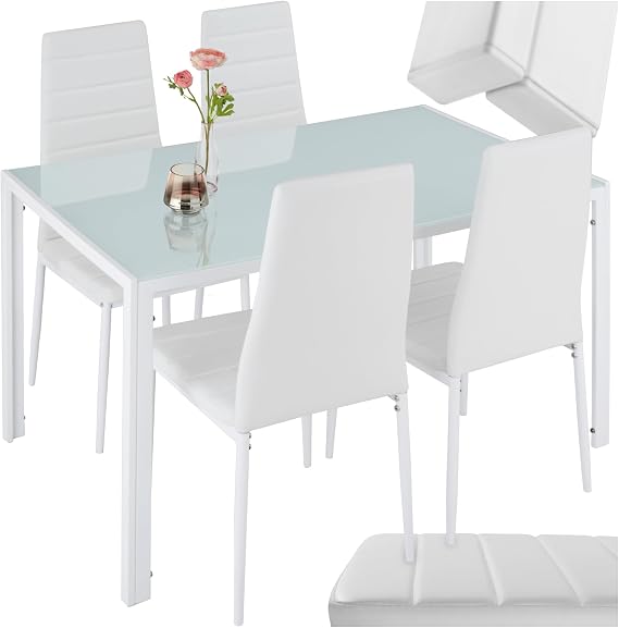 tectake Essgruppe Set Tisch und Stühle Esstisch und 4X Stuhl strapazierfähiges Kunstleder Tischplatte aus Sicherheitsglas Küchenstühle modern Küche - weiß