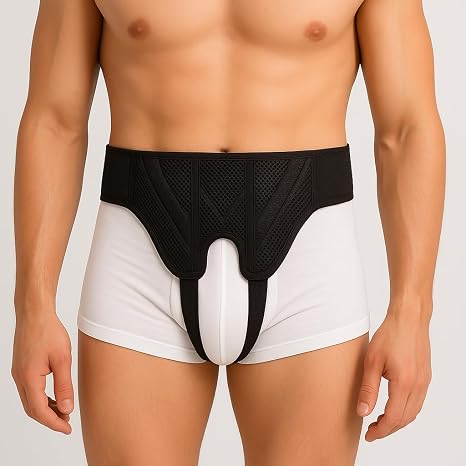 Inguinal Hernia Support Truss Adjustable Black Belt with 2 Removable Compression Pads, Single or Double Side Support for Men and Women (Small)