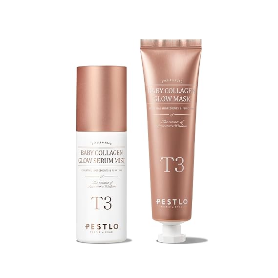 PESTLO Glass Skin Duo: T3 Baby Collagen Mist + Glow Mask Set Elasticity Boosting & Hydrating Vegan Collagen Care for Dewy, Firm Skin