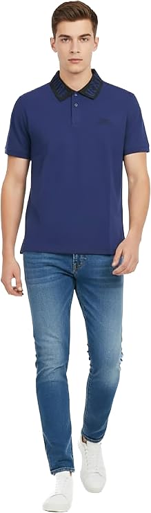 VERSACE JEANS COUTURE Steel Blue Mens Polo Shirt with Contrast Collar