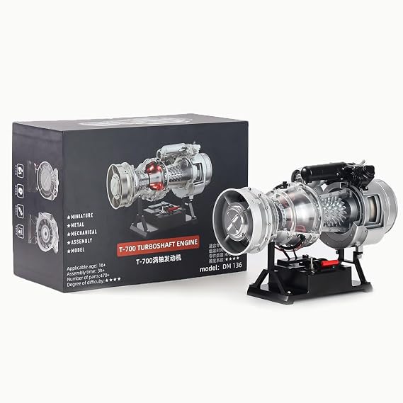 DM136 Electric Turboshaft Engine Model, Dynamic Rotating Display with LED Light, 470+ Piece Metal Construction Kit for Adult Collectors & Technology Enthusiasts