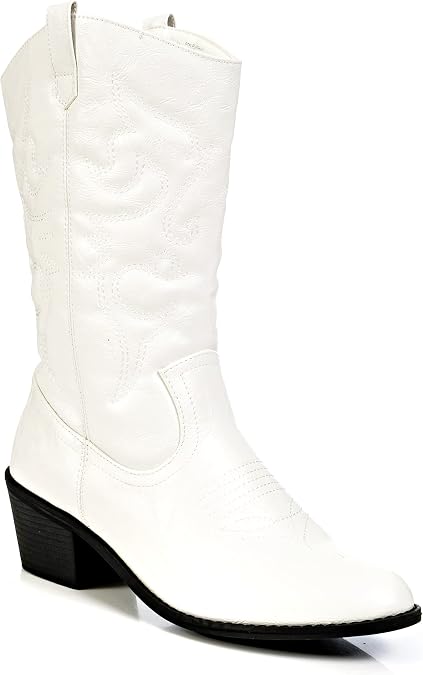 Charles Albert Cowboy Boots for Women Mid-Calf Boot Embroidered Stiching Western Cowgirl Boots Low Stacked Heel