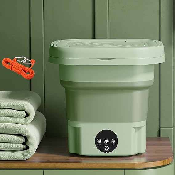 Portable Washing Machine, 8L Mini Washer and Dryer, Foldable Ultrasonic Underwear Washing Machine with Drain Basket, Portable Mini Washer Spin Dryer Color : Green