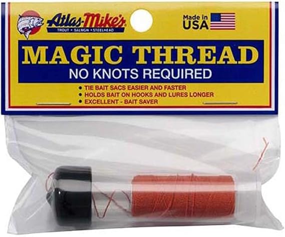 Atlas Mikes MAGIC Thread No-Knot Bait Thread for Tying Roe Sacs, Holding Soft Baits & Securing Chicken Liver or Shrimp Elastic Fishing Thread with Optional Dispenser Orange W/Dispenser -1 Spool