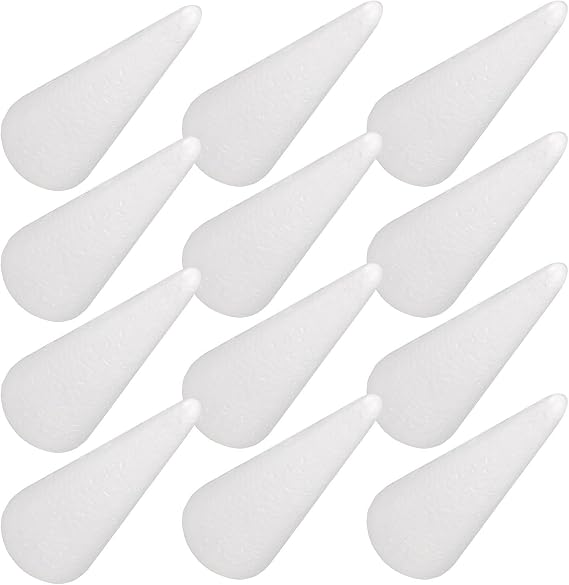 12pcs White Polystyrene Foam Cones 7.39x2.91in Lightweight Cone Shaped Craft Supplies for Christmas Tree Decorations and Holiday Craft Activities