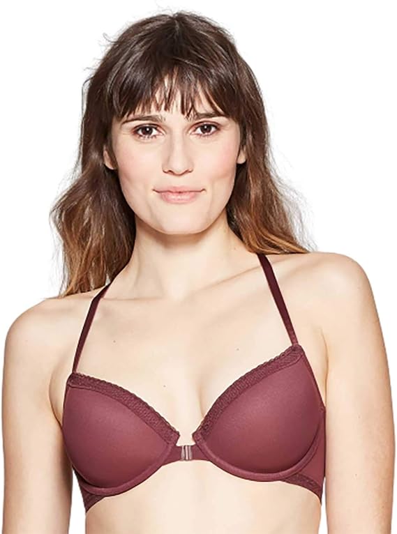 Auden Women's Ace Lightly Lined Lace Trim Demi Racerback Bra Burgundy Mist 32C