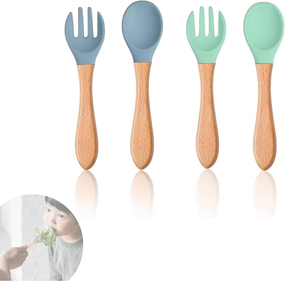 Aputue Yürümeye başlayan çocuk mutfak eşyaları seti, çatal ve kaşık takımı, 4 Parça silikon beslenme seti, Kolay kavramalı bebek çatal bıçak takımı, Bebekler ve küçük çocuklar için ilk yemek eğitim