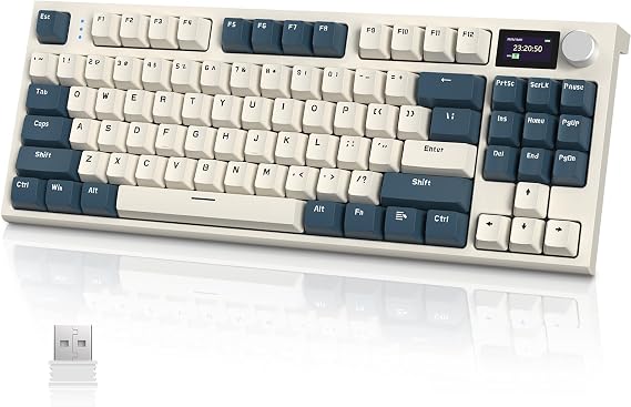 RK86 Kablosuz Mekanik Klavye, Gaming Klavye Conta Montajlı, 3 Mod (2.4Ghz/Bluetooth/Type C) Apex Pro TKL RGB 75% Oyuncu Klavyesi, TFT Renkli Ekran, Topuz, Hot Swappable Doğrusal Anahtar