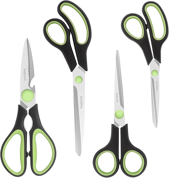 Kitchen Scissors, Stainless Steel Blades Soft Handle, Multifunctional Kitchen Scissors Set, Black/Green, 4 Piece Set