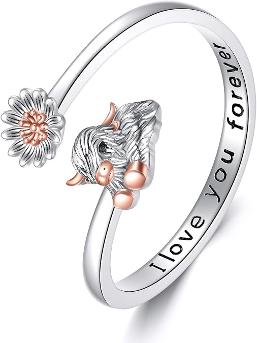 YAFEINI Highland Cow Ring S925 Sterling Silver Adjustable Highland Cow Open Rings Highlands Cows Jewelry Gift for Women Mom Wife