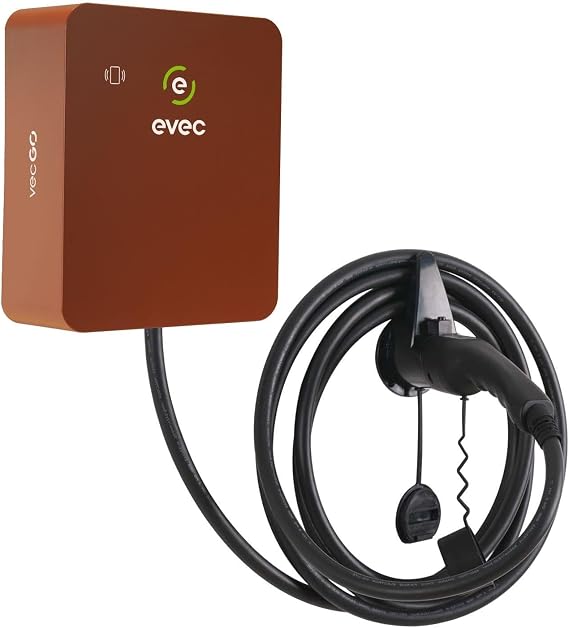 evec vecGO 2.0 EV Charger, Type 2, 7.4kW Tethered Single Phase Wall Mounted Home Car Charger, Deep Red - VEC03-N