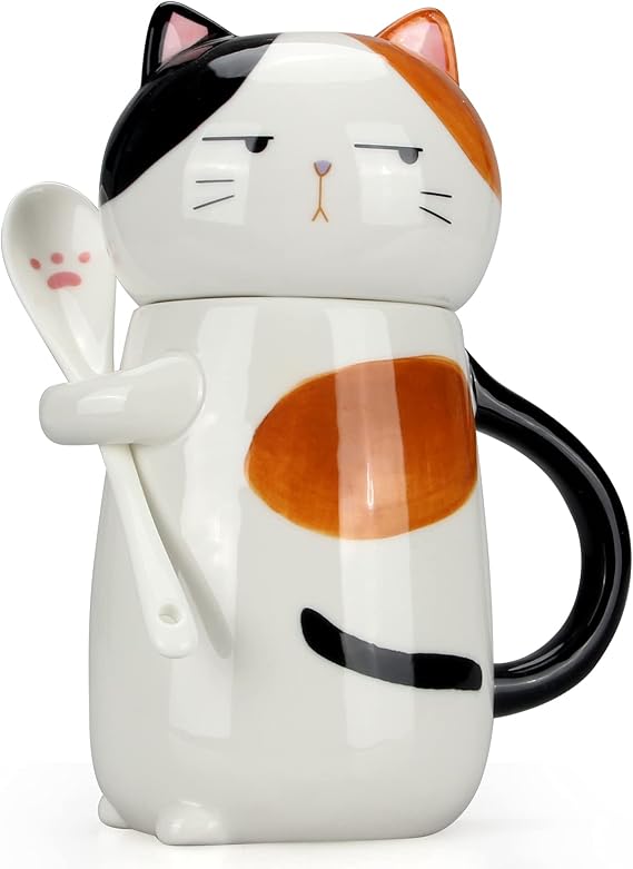 Ceramic Calico Cat Coffee Mug with Lid Spoon Cute Cat Lover Gift Women Cup