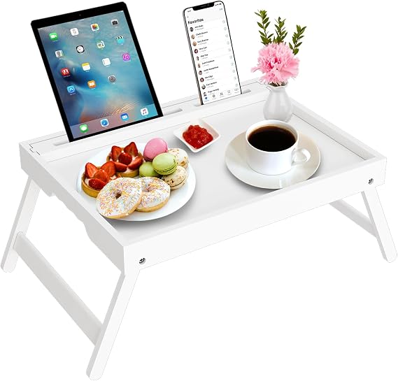 Artmeer Bamboo Bed Tray Table with Device Slot, Folding Legs, Large, White
