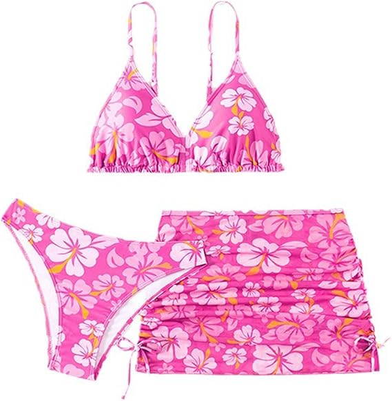 Girls Swimsuit Adjustable Straps 3 Piece Bathing Suit Summer Hawaiian Print Bikini Set with Cover Up Skirt Size 6-14
