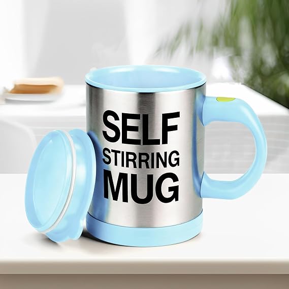 Self Stirring Coffee Mug, Stainless Steel Electric Coffee Mug with Lid 450ml for Tea Hot Chocolate Milk and Cocoa (Blue, Batteries Not Included)