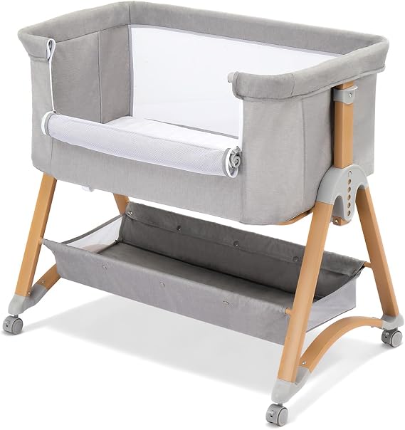 Ktaxon 6 in 1 Baby Bassinet Bedside Bassinet for Baby Crib Rocking Bassinet | Washable Sheets, 4 Sided Breathable Mesh, 6 Height Adjustable, Swivel Wheel with Brake, Elegant Wood Grain Leg (Dark Grey)
