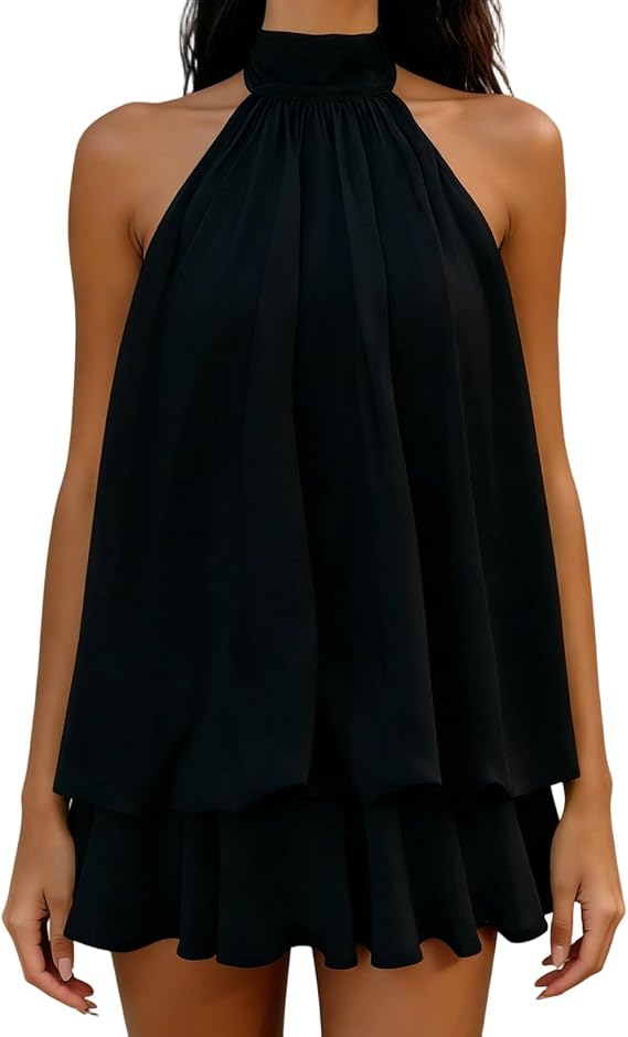 Womens Summer Chiffon Drop Waist Halter Ruffle Mini Dress