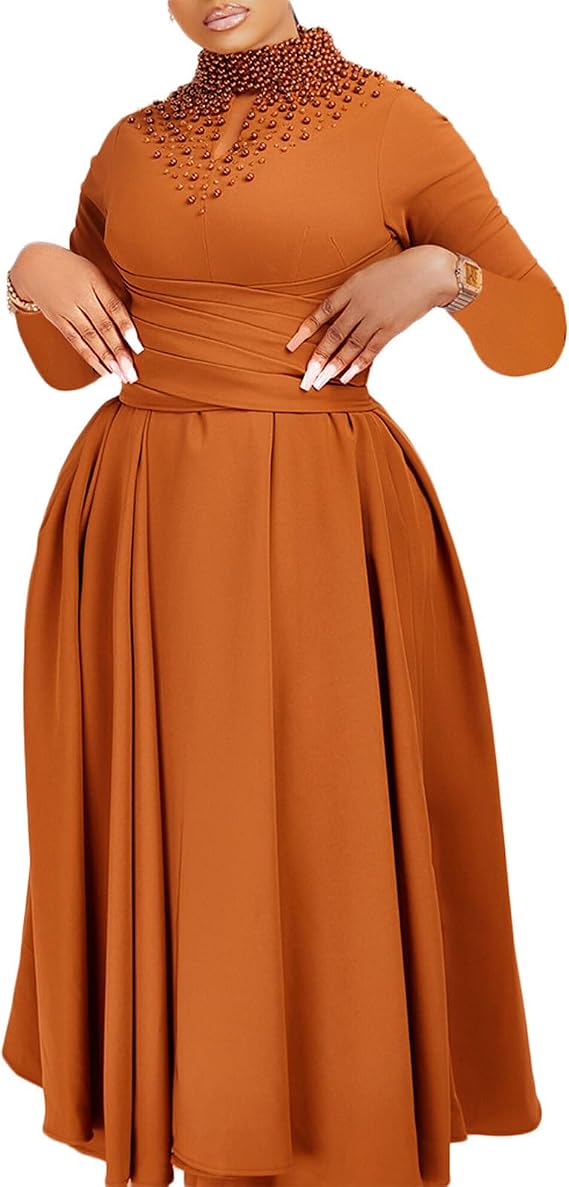 Cocoinsity Womens Plus Size Short Sleeve Dress High Neck African A Line Swing Flowy Maxi Dresses with Beading