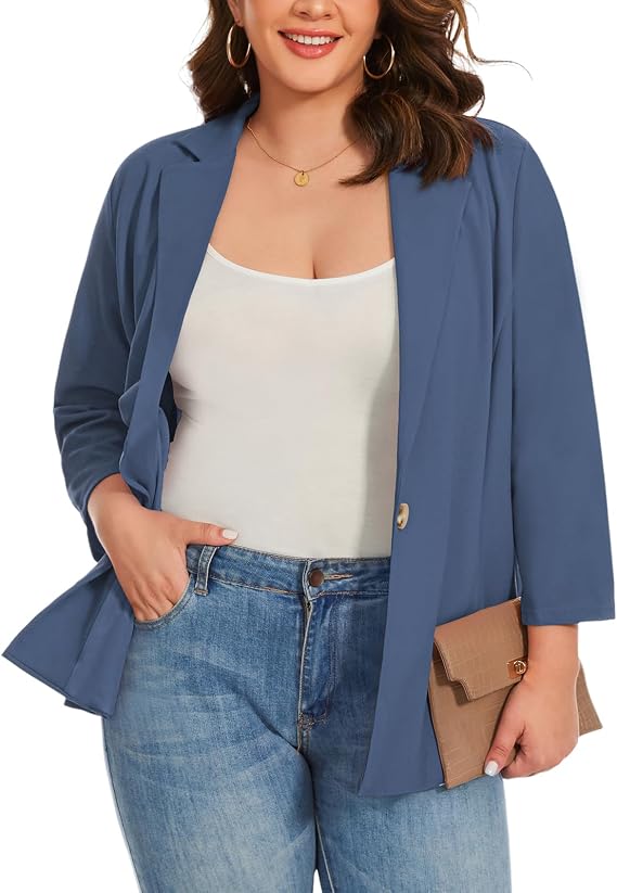MINTLIMIT Womens Plus Size Blazer 3/4 Sleeve Button Front Jacket Pocket