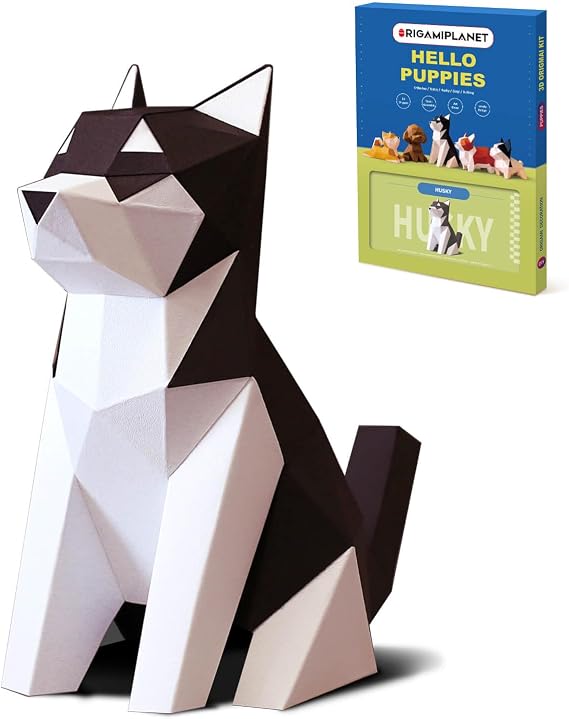 ORIGAMIPLANET Husky 3D Origami Paper Craft Kit, Easy DIY Pre-Cut Dog Paper Sculpture Model for Adults, Cute Animal Handmade Home Decor Papercraft Gift Set for Beginners
