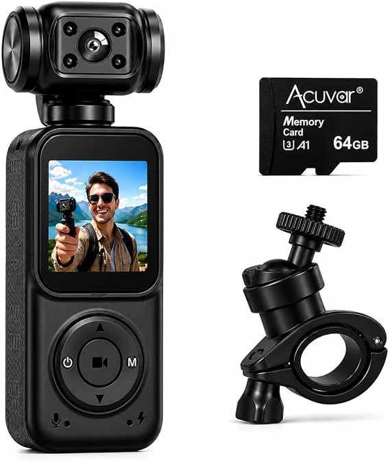 Acuvar 4K Pocket Vlogging Camera with 3-Axis Gimbal Stabilizer, WiFi, Face Tracking, 64GB SD Card Included, LCD Screen, 270 Rotation