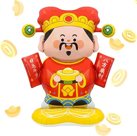 Giant Standing God of Wealth Balloon for Chinses Lunar Year Decoration, Happy 2026 New Year Spring Festival Decor, New Year's Eve Home Outdoor Decoration 43x35x14 inch