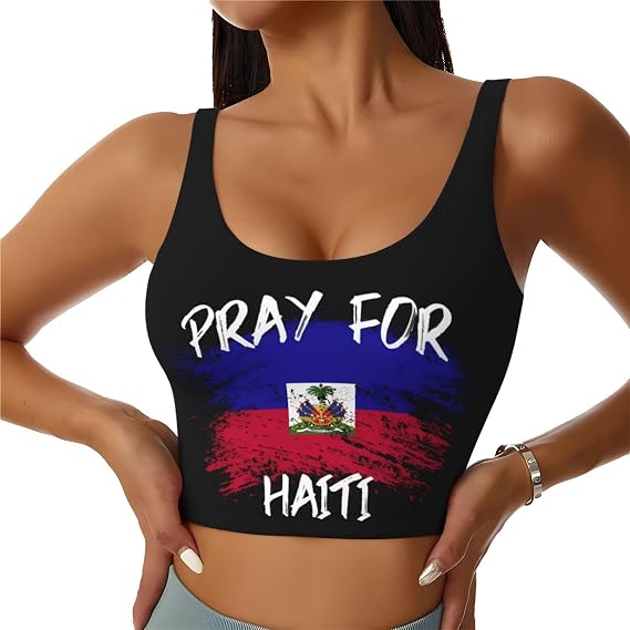 Haiti Flag Pray for Haiti Sports Bras for Women Yoga Crop Tank Tops Low Neck Bralettes Sleeveless U Back Vest Racerback Underwear with Removable Pads for Gym Small Blue