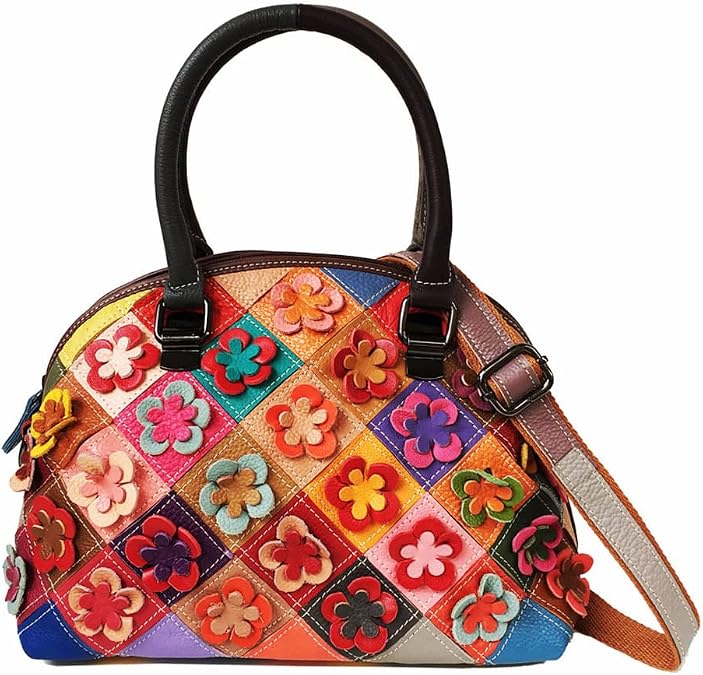 Women Multicolored Flowers Tote Genuine Leather Shell Purse Colorful Flora Shoulder Handbag Bohemian Crossbody Bag