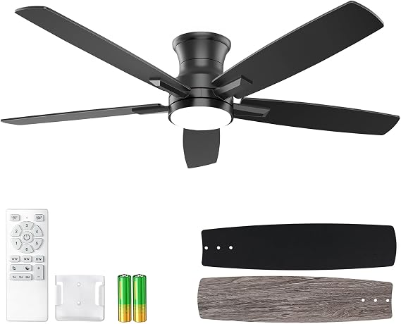 YUHAO 52 Inch Flush Mount Black Ceiling Fan with Light and Remote Control.Noiseless,Dimmable,3CCT,6 Speeds Reversible, Low Profile DC Ceiling Fans for Indoor or Covered Outdoor Use,ETL Listed