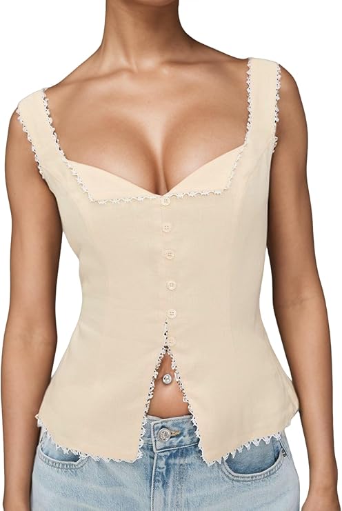 Cute Summer Tops for Women Going Out Linen Crop Tank Top Y2k Sleeveless Lace Trim Sweetheart V Neck Cami Vest