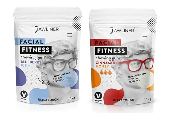 Jawliner Fitness Chewing Gum 15X Harder Jawline Gum Sugar Free Blueberry and Cinnamon Honey Jaw Gum Includes 12 Weeks Coaching - Jawline Exerciser for Shaping the Jaw (4 Months Pack of 2 Flavor)