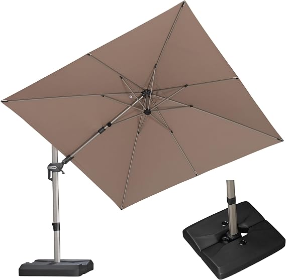 PURPLE LEAF Cantilever Parasol 3 3 m Square with Stand, 8 Aluminium Ribs Champagne, Professional Parasol UV and Wind Resistant Canvas, 360 Rotation, for Garden, Pool, Taupe