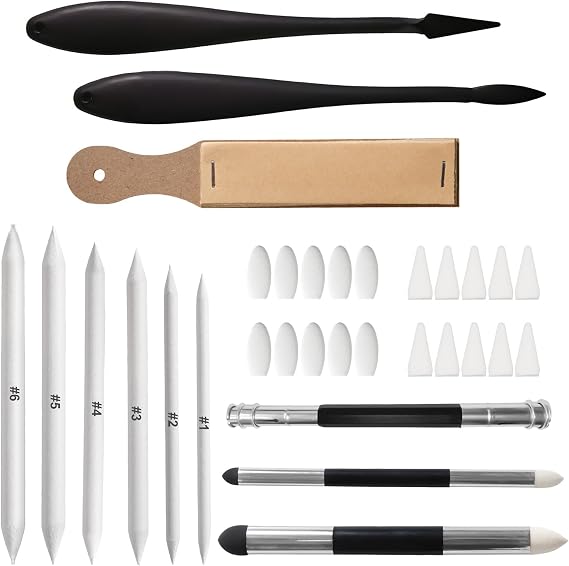 32Pcs Blending Stumps Set, Blending Pencil with Sketch Wiper & Sponge Heads, Oil Pastel Blending Tools with Sandpaper Sharpener & Pencil Extender for Artists, Reusable Sketch Drawing Tools for Student