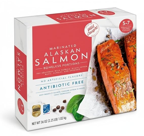 Wild Caught Boneless Marinated Alaskan Salmon, Frozen, pre-seasoned (with paprika, black pepper, basil, parsley and oregano) , Add a side of fresh vegetables, baked potato or side salad , 28g protein per serving . 5-7 ct., 2.25 lbs.