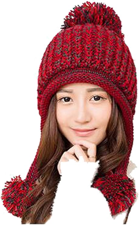 Mixed Colors Ear Flap Beanie Handmade Knitted Hat with Pom Valentine Gifts Red