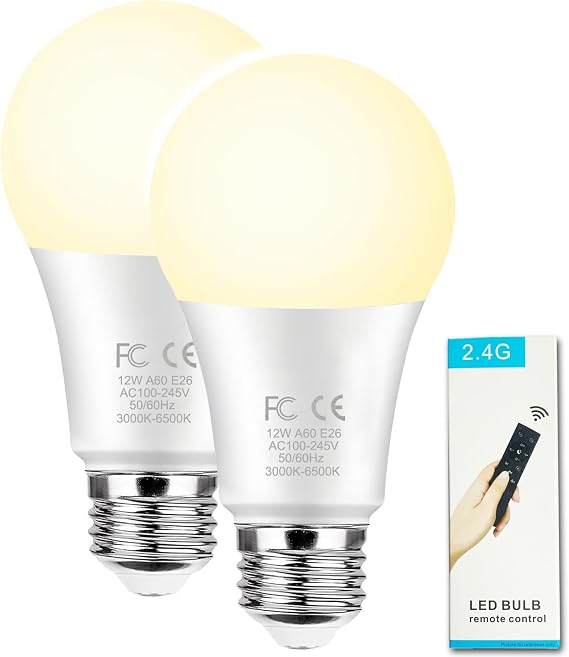 GRV 12W A60 Smart Light Bulb with a 2.4GHz Remote Control,Stepless Dimmable 2700-6500K,100W Incandescent Lamp Equivalent,1000LM CRI>80,E26 Base,Home Decor,2 Bulb & 1Remote