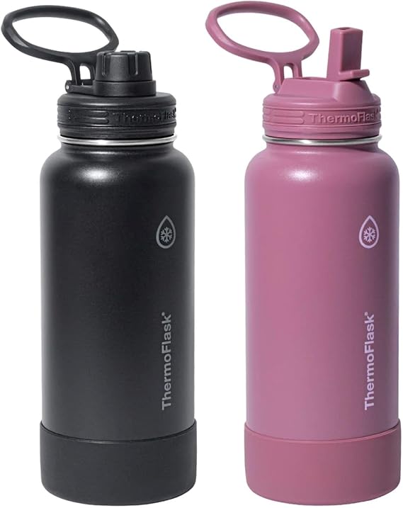 ThermoFlask Stainless Steel Water Bottle, 32 oz, Double Wall Vacuum Insulated, Leakproof, 2-Pack (Black/Pink)